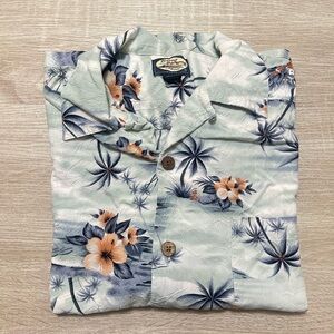 Tommy Bahama Light Mint Floral Hawaiian Shirt with Navy Palms and Orange Flowers